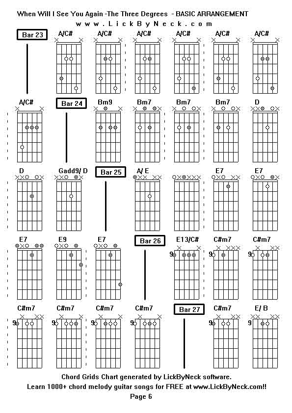 Chord Grids Chart of chord melody fingerstyle guitar song-When Will I See You Again -The Three Degrees  - BASIC ARRANGEMENT,generated by LickByNeck software.